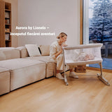 Patut co-sleeper, Lionelo, Aurora, 3 in 1, Cu leganare si setare unghiulara, Include saltea cu densitate T25 si geanta transport, Reglabil in 5 pozitii, Pana la 9 kg, 0 luni+, 85x60x66 cm, Certificari EN 1130:2019+AC:2020, EN 16890:2, Bej