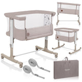 Patut co-sleeper, Lionelo, Aurora, 3 in 1, Cu leganare si setare unghiulara, Include saltea cu densitate T25 si geanta transport, Reglabil in 5 pozitii, Pana la 9 kg, 0 luni+, 85x60x66 cm, Certificari EN 1130:2019+AC:2020, EN 16890:2, Bej