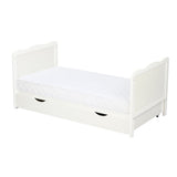Patut din lemn bebe, 120x60 cm, Cu sertar, Cu sina speciala pentru dentitie, Multifunctional, EN716-1, EN716-2, Alb, Qmini, Julia + Saltea 12 cm