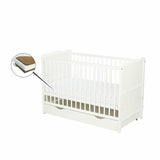 Patut din lemn bebe, 120x60 cm, Cu sertar, Cu sina speciala pentru dentitie, Multifunctional, EN716-1, EN716-2, Alb, Qmini, Julia + Saltea 12 cm