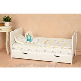 Patut din lemn bebe, 120x60 cm, Cu sertar, Cu sina speciala pentru dentitie, Multifunctional, EN716-1, EN716-2, Alb, Qmini, Julia + Saltea 8 cm