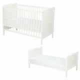 Patut din lemn bebe, 120x60 cm, Cu sina speciala pentru dentitie, Multifunctional, EN716-1, EN716-2, Alb, Qmini, Julia + Saltea 12 cm