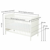 Patut din lemn bebe, 120x60 cm, Cu sina speciala pentru dentitie, Multifunctional, EN716-1, EN716-2, Alb, Qmini, Julia + Saltea 12 cm