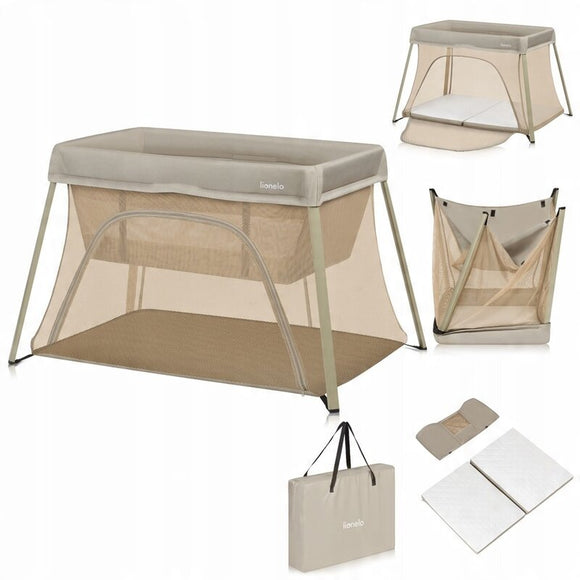 Patut multifunctional, Lionelo, Alice, 3 in 1, 2 trepte de inaltime pentru saltea, Pliabil, Material rezistent Oxford 300D, Cu iesire laterala, Geanta de transport, Pana 15 kg, 0 luni+, 104×70×74 cm, Bej