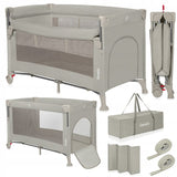 Patut pliant multifunctional, Lionelo, Ellen, Cu laterala culisanta, Nivel suplimentar, Intrare laterala cu fermoar, 2 roti, Saltea pliabila si geanta de transport incluse, 0- 36 luni, Pana la 15 kg, 120x60 cm, Conform cu EN 716, Bej