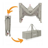 Patut pliant multifunctional, Lionelo, Ellen, Cu laterala culisanta, Nivel suplimentar, Intrare laterala cu fermoar, 2 roti, Saltea pliabila si geanta de transport incluse, 0- 36 luni, Pana la 15 kg, 120x60 cm, Conform cu EN 716, Bej
