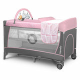 Patut pliant, Lionelo, Flower, Cu doua nivele, Cu arcada, Geanta transport, Masuta de infasat, Bara cu jucarii, Fereastra laterala, 120x60 cm, Conform cu standardele europeane de securitate EN 716 si EN12221, Roz, Resigilat