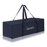 Patut pliant, Lionelo, Jasmin Easy Fold, Pana la 15 kg, Usor de pliat, Cu doua nivele, Cu saltea ergonomica T25, Cu intrare laterala cu fermoar, 2 roti cu frana, 123 x 67 cm, Conform cu EN 716, 0-36 luni, Albastru