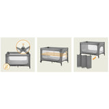 Patut pliant, Lionelo, Jasmin Easy Fold, Pana la 15 kg, Usor de pliat, Cu doua nivele, Cu saltea ergonomica T25, Cu intrare laterala cu fermoar, 2 roti cu frana, 123 x 67 cm, Conform cu EN 716, 0-36 luni, Gri