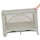 Patut pliant, Lionelo, Laura, 102 x 74 cm, Cu doua nivele, Functie de tarc, Cu roti, Include salteluta si geanta de transport, Pereti din plasa, Deschidere laterala, Pana la 15 kg, 0 luni +, Bej