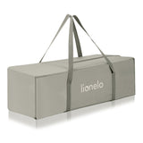 Patut pliant, Lionelo, Laura, 102 x 74 cm, Cu doua nivele, Functie de tarc, Cu roti, Include salteluta si geanta de transport, Pereti din plasa, Deschidere laterala, Pana la 15 kg, 0 luni +, Bej