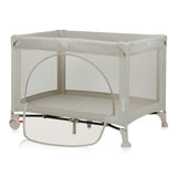 Patut pliant, Lionelo, Laura, 102 x 74 cm, Cu doua nivele, Functie de tarc, Cu roti, Include salteluta si geanta de transport, Pereti din plasa, Deschidere laterala, Pana la 15 kg, 0 luni +, Bej