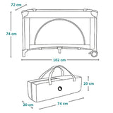 Patut pliant, Lionelo, Laura, 102 x 74 cm, Cu doua nivele, Functie de tarc, Cu roti, Include salteluta si geanta de transport, Pereti din plasa, Deschidere laterala, Pana la 15 kg, 0 luni +, Gri