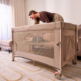 Patut pliant multifunctional, Lionelo, Ellen, Cu laterala culisanta, Nivel suplimentar, Intrare laterala cu fermoar, 2 roti, Saltea pliabila si geanta de transport incluse, 0- 36 luni, Pana la 15 kg, 120x60 cm, Conform cu EN 716, Negru