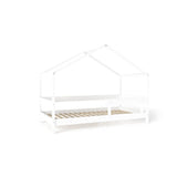 Patut tip casuta din lemn junior, 160x80 cm, Din lemn certificat FSC, Transformabil in casuta de joaca, Cu bariera de protectie, In stil scandinav, Alb, YappyKids, YappyHytte Bed