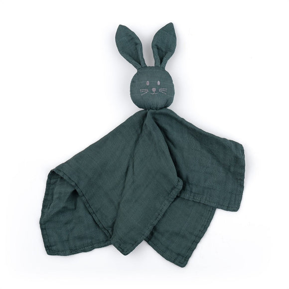 Jucarie interactiva, Petite&Mars, Iepurasul Hugo, Din muselina de bambus, Cu sunet, Conform standardului de securitate Oeko-tex 100 34 x 30 cm, 0 luni+, Verde inchis