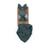 Jucarie interactiva, Petite&Mars, Iepurasul Hugo, Din muselina de bambus, Cu sunet, Conform standardului de securitate Oeko-tex 100 34 x 30 cm, 0 luni+, Verde inchis