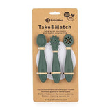 Set 3 lingurite, Petite&Mars, Diverse forme, Pentru supa, paste, alimente usoare, Dezvolta simturile si abilitatile senzoriale, Silicon, Fara BPA, 6 luni+, Verde