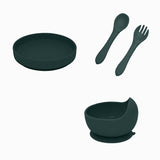 Set de hranire, Petite&Mars, Cu farfurie, Bol si tacamuri, Din silicon fara BFA, Verde inchis