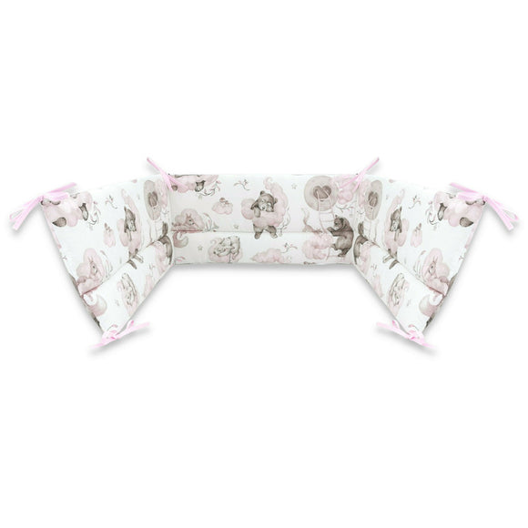 Aparatoare pentru patut, Qmini, Din bumbac certificat Oeko Tex Standard 100, 210x30 cm, Cu panglici, Teddy Bear and Friends Pink