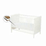 Patut din lemn bebe, 120x60 cm, Cu sina speciala pentru dentitie, Multifunctional, EN716-1, EN716-2, Alb, Qmini, Julia + Saltea 8 cm