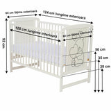 Patut din lemn bebe, 120x60 cm, Din lemn de pin si mdf, Stabil si rezistent, Inaltime saltea reglabila pe 3 nivele, Laterala cu 3 bete detasabile, EN716-1, EN716-2, Alb, Qmini, Timmi Heart