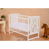 Patut din lemn, 120x60 cm, Din lemn de pin si mdf, Stabil si rezistent, Inaltime saltea reglabila pe 3 nivele, Laterala cu 3 bete detasabile, EN716-1, EN716-2, Alb, Qmini, Timmi Heart + Saltea 12 cm