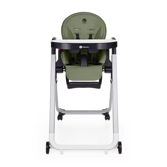 Scaun de masa, Petite&Mars, Tasty, Multifunctional, Pana la 15 kg, Reglabil pe inaltime in 7 pozitii, Spatar reglabil pana la 175 grade, Suport picioare si tavita reglabile, Cu roti, Aluminiu, Mature Olive
