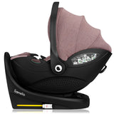 Scoica auto, Lionelo, Moxie, i-Size, Include baza rotativa 360 cu picior de fixare, 40-87 cm, Tetiera reglabila, intarita cu spuma de memorie, Carcasa ventilata, Din bambus, Protectie avansata, Conform R129, Mov