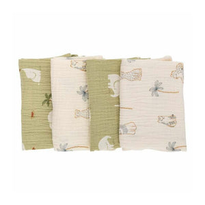 Set 4 lavete, Bubaba, Din muselina, Dimensiune 40x40 cm, Pentru spalarea si ingrijirea fetei si a corpului bebelusului dupa masa sau baita, Green/Beige