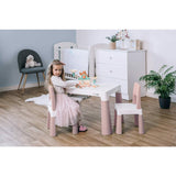 Set masuta si doua scaune, FreeON, Neo, Pentru copii, Cu doua sertare, Cu masa reglabila la doua inaltimi, Conform cu standardele europene de securitate EN71-1;2018, EN71-2:2020, EN71-3:2021, Roz