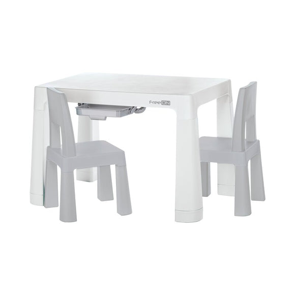 Set masuta si doua scaune, FreeON, Neo, Pentru copii, Cu doua sertare, Cu masa reglabila la doua inaltimi, Conform cu standardele europene de securitate EN71-1;2018, EN71-2:2020, EN71-3:2021, Gri